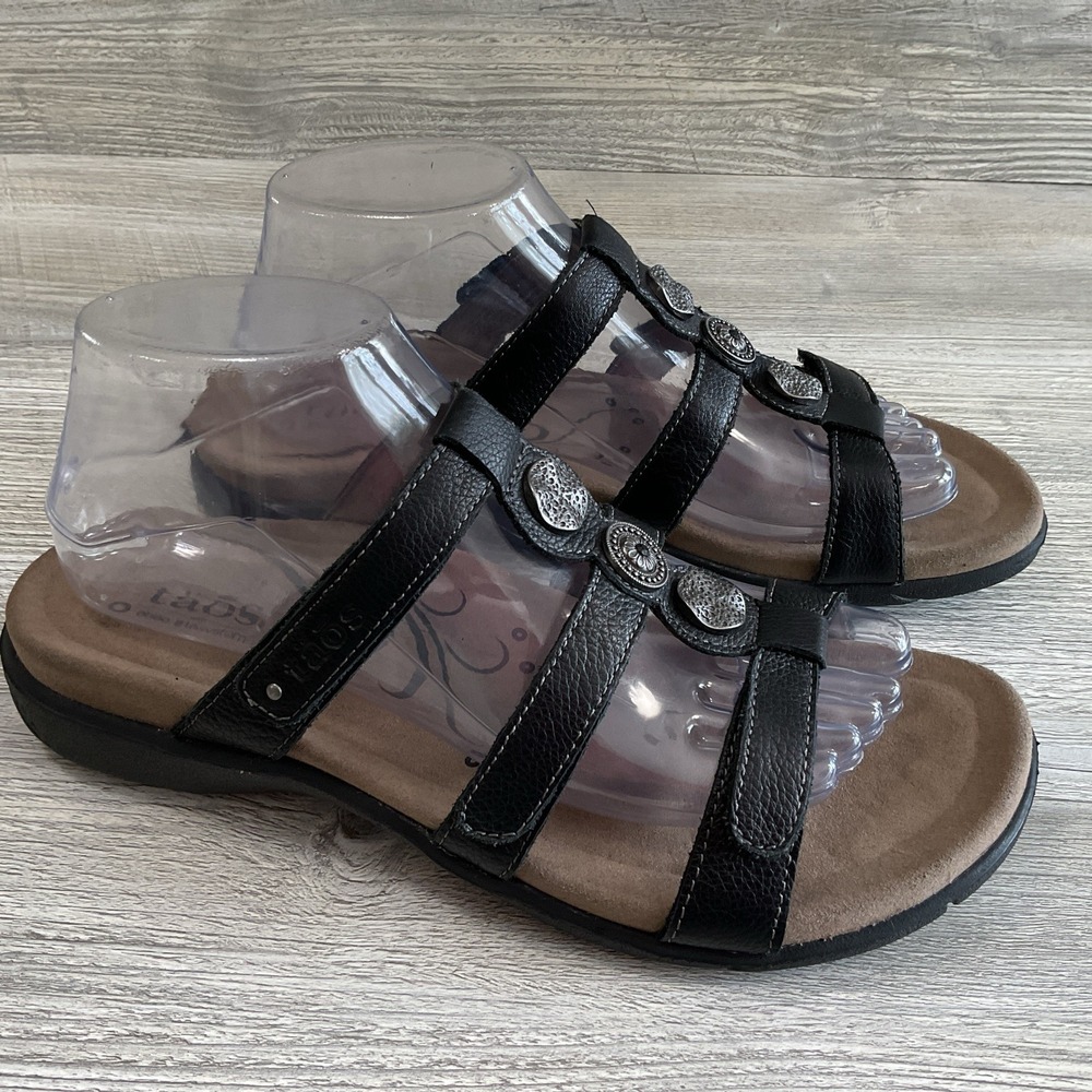 Taos Prize 4 Black Leather Sandals Slip On Womens 9 Adjustable Comfort Casual